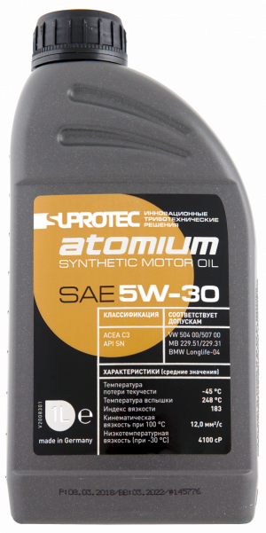 Синтетическое моторное масло 5W-30 "Супротек Атомиум" 1 литр. SN/CF C2/C3