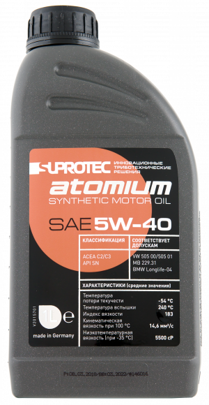 Синтетическое моторное масло 5W-40 "Супротек Атомиум" 1 литр SN/CF C2/C3